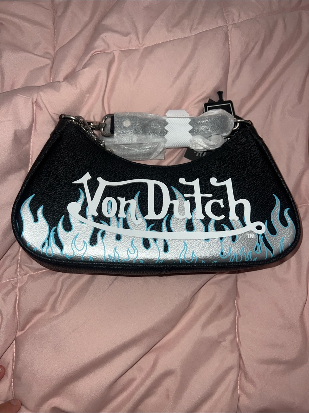 Von Dutch Black Shoulder Bag with White and Light Blue Flame Graphic